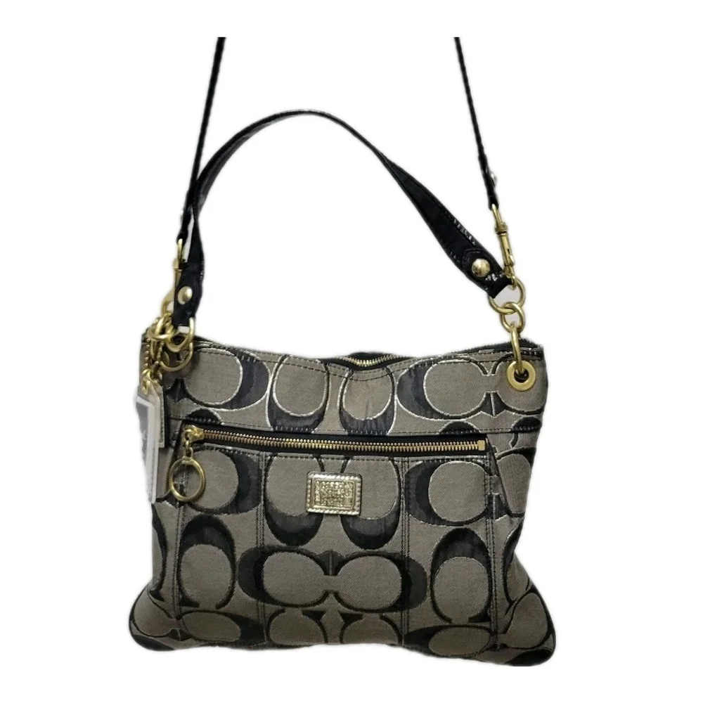 Coach #18135 Black & Gold Canvas Leather Trim Shoulder/Crossbody Handbag Purse